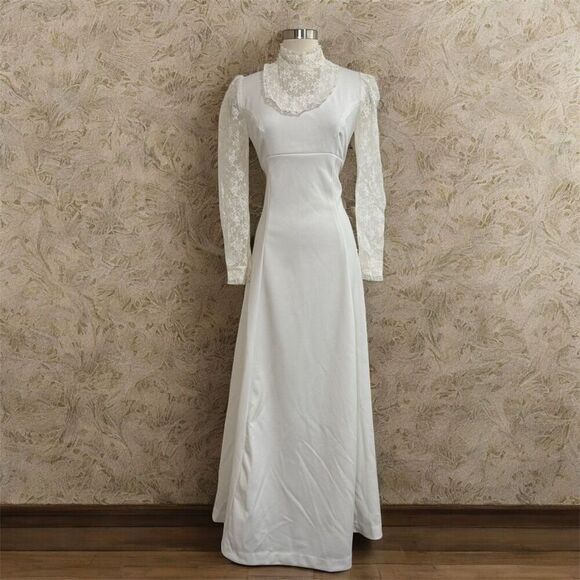 Vintage 1960s 1970s Daisy Formal Wedding Dress XS S White Lace High Neck - Picture 2 of 7